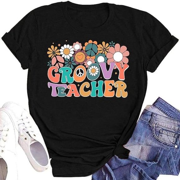Tops - Groovy Teacher Retro Floral Short Sleeve Hippie 70s Boho Tee